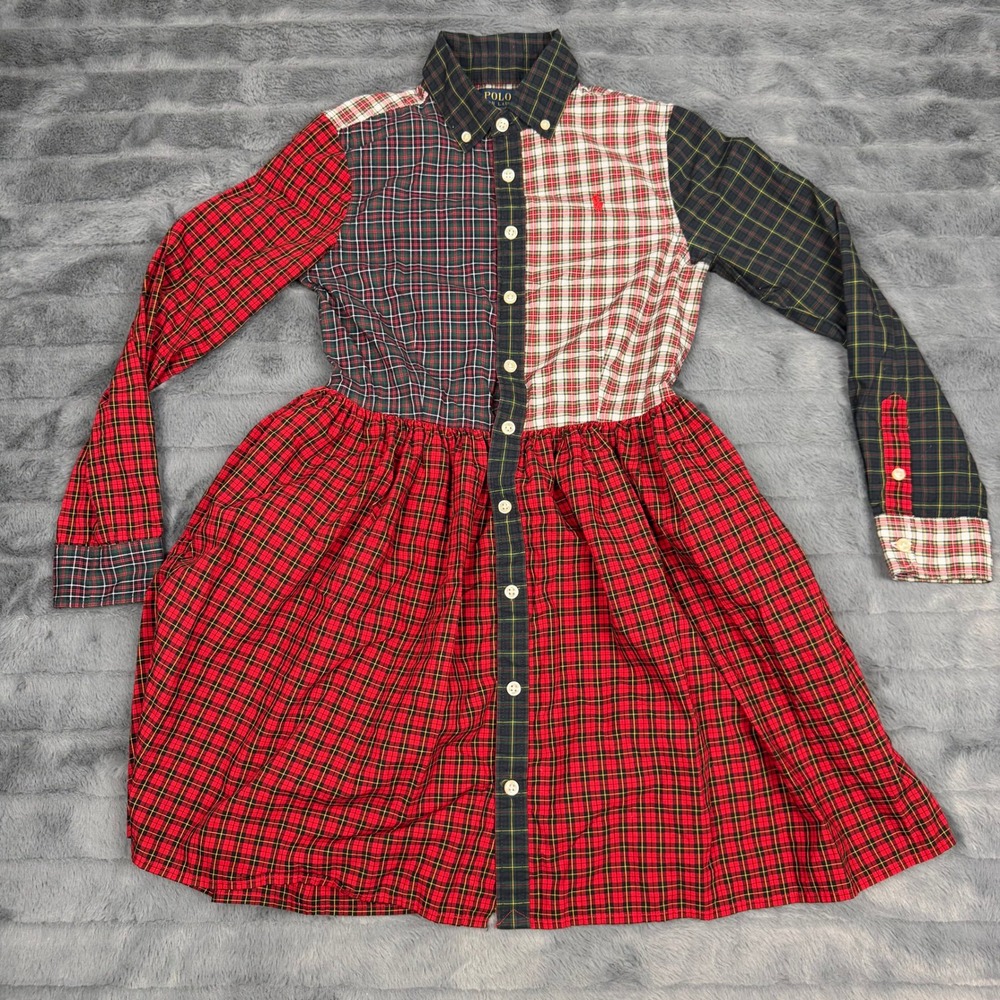 Polo Ralph Lauren Girls Patchwork Plaid Shirt Dress Multi Color Tartan Size 10